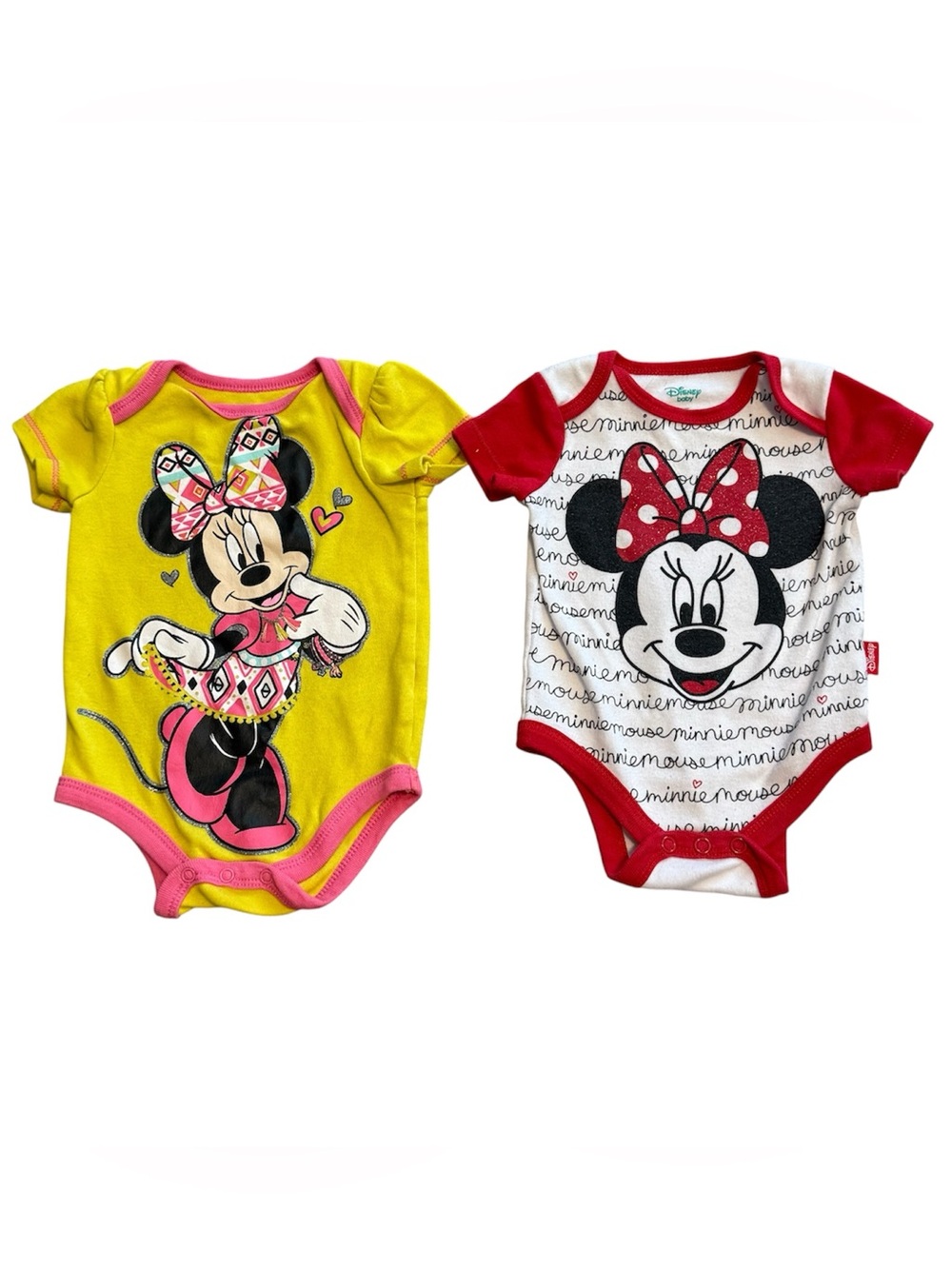 Disney Baby Minnie Mouse Bodysuit Set Newborn 0-3M 2 Pack Yellow Red Outfit